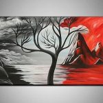 Handpainted 3 Piece Black White Red Wall Art Modern Abstract Oil .