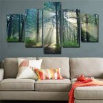 Beautiful Sunrise Sun Rays In Tree Forest Framed 5 Piece Canvas .