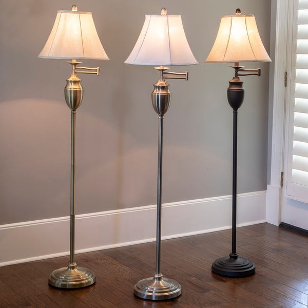 Shop Antique Brass Swing-arm Floor Lamp with Faux Silk Shade - On .