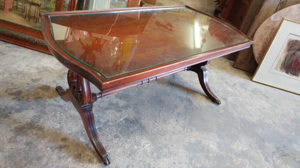 Antique Mahogany Coffee Table – Glass Top & Harp Base – So Nice .