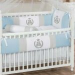 Royal Bear Theme Blue Gray Baby Boy 07pcs Nursery Crib Bedding Set .