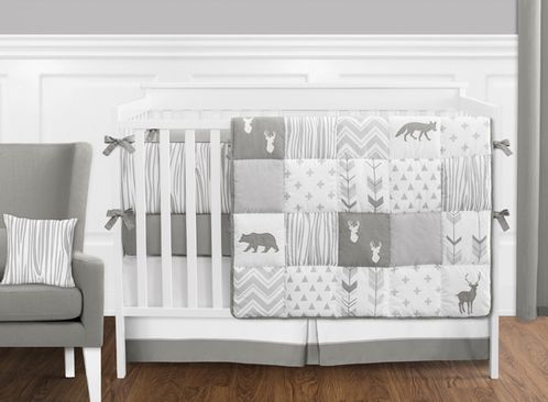 Grey and White Woodsy Deer Boy, Girl, Unisex Baby Crib Bedding Set .