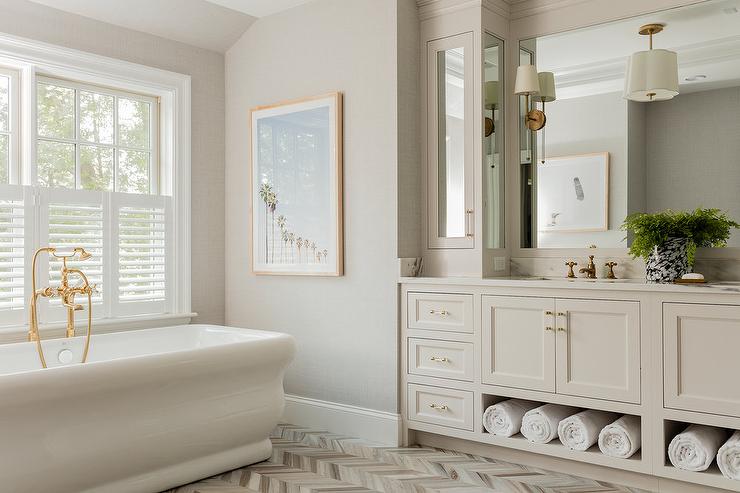 Cream Shaker Bath Vanity Cabinets with Towel Shelves .