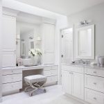 White and Gray Bathroom with Mirrored Vanity Stool - Transitional .