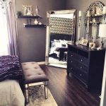 beautiful bedroom decor, black dresser, silver mirror, silver .