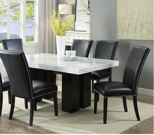 Cam White Marble Dining Room Set with 4 Black Chairs | Nader's .