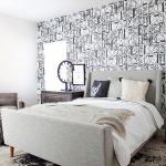 Gray Wingback Bed with Black and White Wallpaper - Contemporary .