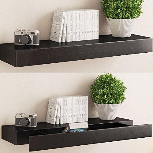 Black Floating Wall Shelf with Drawer , Concealed Mounting Bracket .
