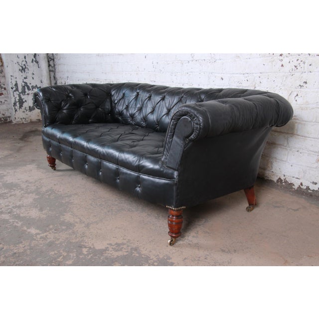 Excellent Vintage Tufted Black Leather Chesterfield Sofa, Circa .