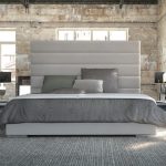 Contemporary Bed Frame With Tall White Upholstered Headboard With .
