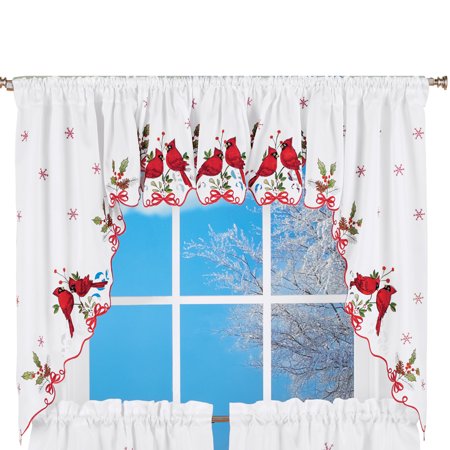 Embroidered Winter Cardinals Window Curtain Panels Collection, Red .