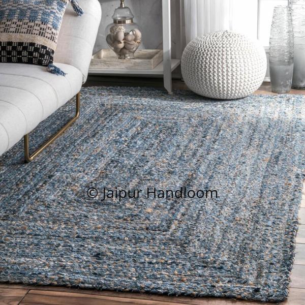 Hand Braided Bohemian Colorful Cotton Denim Area Rug Rag in Blue Col