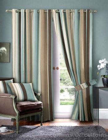 Hilton Duck Egg Blue Eyelet Ring Top Striped Curtain - Curtains .