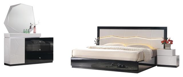 Modern White and Black Platform 5-Piece Bedroom Set, LED Light .