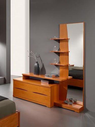 Layered dresser design, with a tall mirror sided with shelves and .
