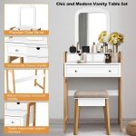 Costway 2-Piece White Makeup Vanity Table Set with 3 Drawers .