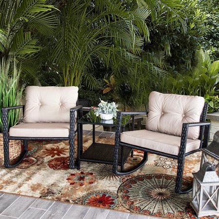 Outdoor 3PC Patio Set Extra Wide Rattan Wicker Cushioned Rocking .