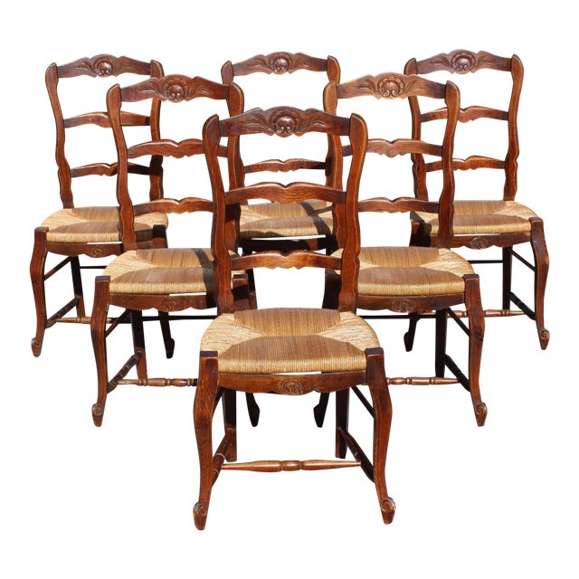 Set of 6 French Country Rush Seat Solid Walnut Dining Chairs .