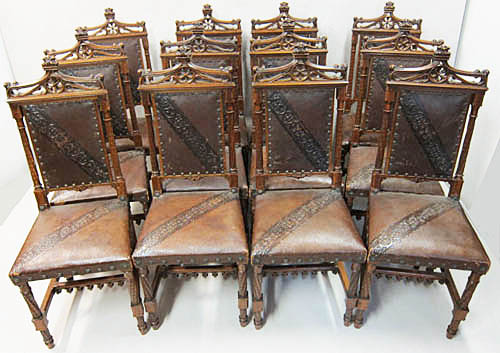 12 French Antique Dining Chairs Leather-51