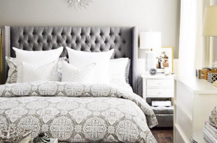 Grey patterns and tufted headboard make the perfect combo Citrine .