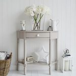 The Oxford grey half moon console table with drawer and shelf .