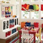 Kids playroom ideas. great shelves and colorful tables and chairs .