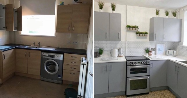 Mum transforms kitchen cabinets, tiles and worktops for £200 .