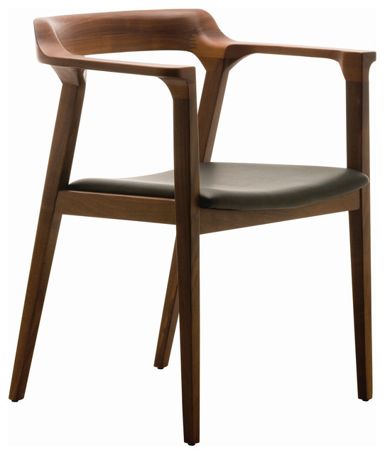 Katelyn Mid Century Modern Brown Walnut Leather Dining Arm Chair .