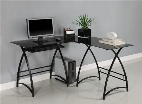 Modern Black Glass L-shaped Desk with Elegant Curved Legs | Black .