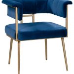 Blue Velvet Dining Chair, Contemporary Modern Brass Gold Side Arm .