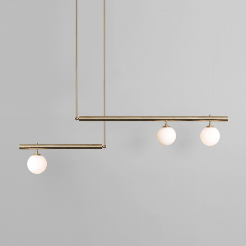 Mid Century Modern Linear Suspension Chandelier with Opal Globes .