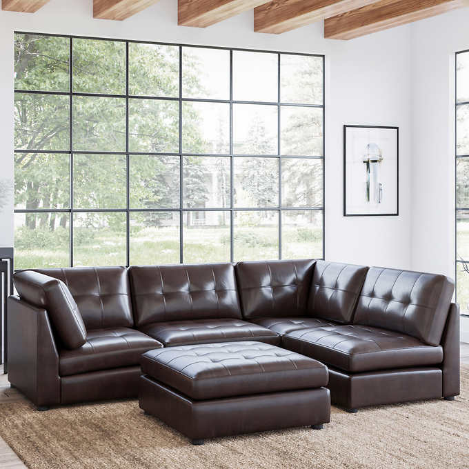Calvin 5-piece Top Grain Leather Modular Sectional Living Room S