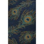 Modern Peacock Feather Print Blue Wool and Viscose Area Rug - Blue .