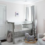 Pink and Gray Nursery with Gray Ruffled Curtains - Transitional .