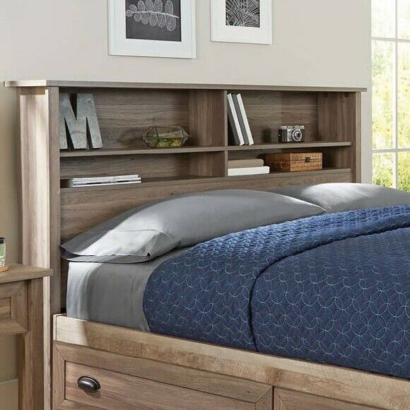 Rustic Wood Bookcase Headboard Full Queen Size Storage Shelves .