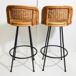 Incredible Vintage 1960s Swivel Woven Rattan Bar Stools - a Pair .