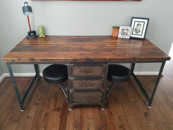 Vintage Industrial Reclaimed Wood Desk with Drawers and Swing | Et