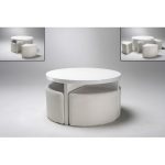 Round Gloss White Coffee Table + 4 Stools, 5075-11.11 - Wooden .