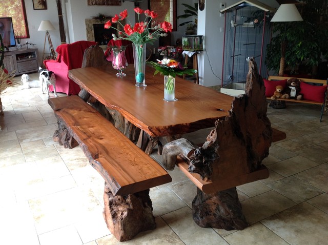 Rustic Live Edge Redwood Dining Table with Rustic Chairs and .