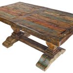 Rustic Painted and Natural Wood Dining Set with Thick Trestle .