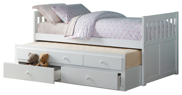 Carissa Twin Over Twin Trundle Bed With Two Storage Drawers, White .