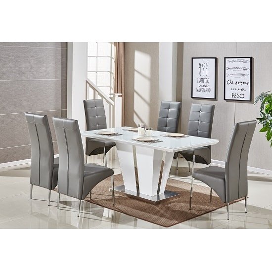 Memphis Glass Dining Table In White Gloss With 6 Grey Chairs .