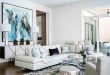 Modern White Leather Sectional with Pale Blue Pillows | Leather .