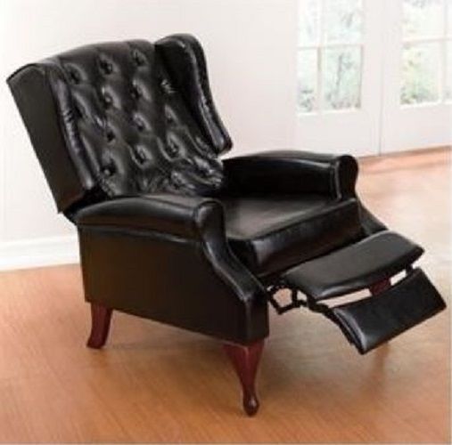Black Leather Chair Recliner Wing Office Tufted Nailed Arm Accent .