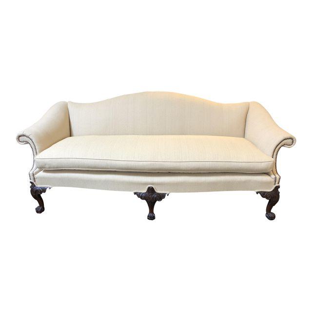 1930s Traditional Upholstered Ecru Camelback Sofa | Design Plus .