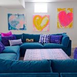 Blue Velvet Sectional with Purple Space Pillows - Contemporary .