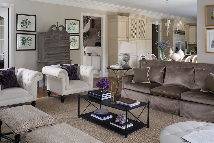 Brown Sofa with White Accent Chairs - Transitional - Living Ro