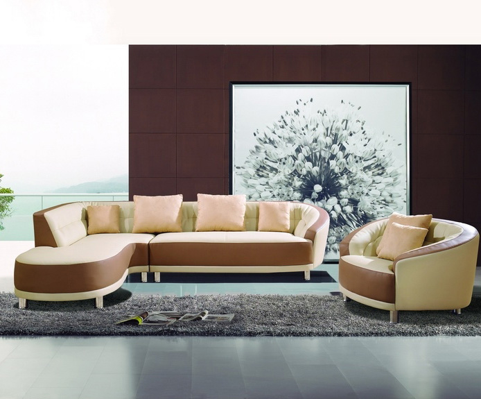 Modern Camel Bonded Leather Left Chaise Sectional Sofa and Cha