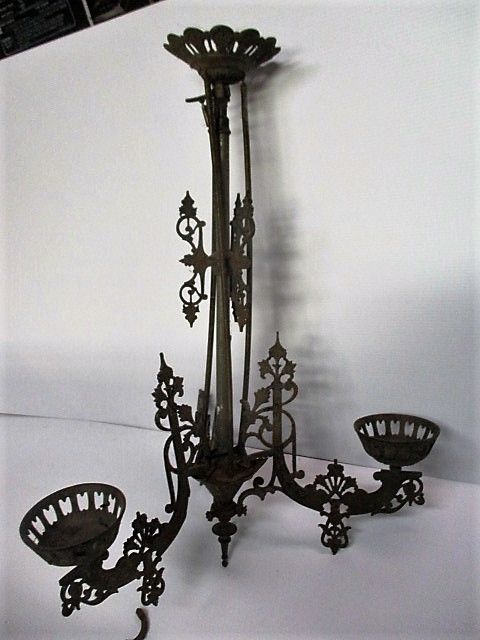 Antique Victorian Oil Lamp Chandelier Cast Iron with 3 Arms Parts .