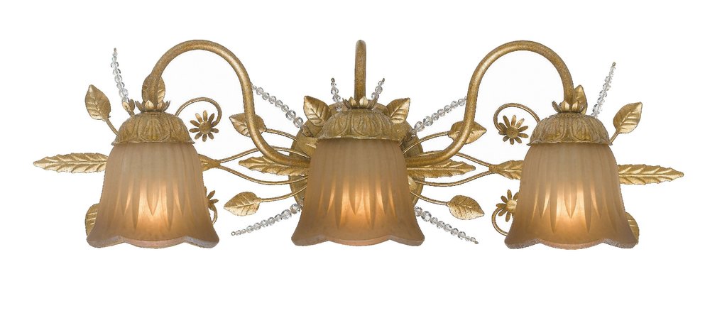 3 Light Gold Leaf Eclectic Bathroom-Vanity Light Draped In Clear .